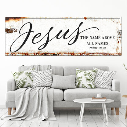 Canvas faith sign Jesus The Name Above All Names with Philippians 2:9 Tailored Canvases on Tampa Home & Garden Store
