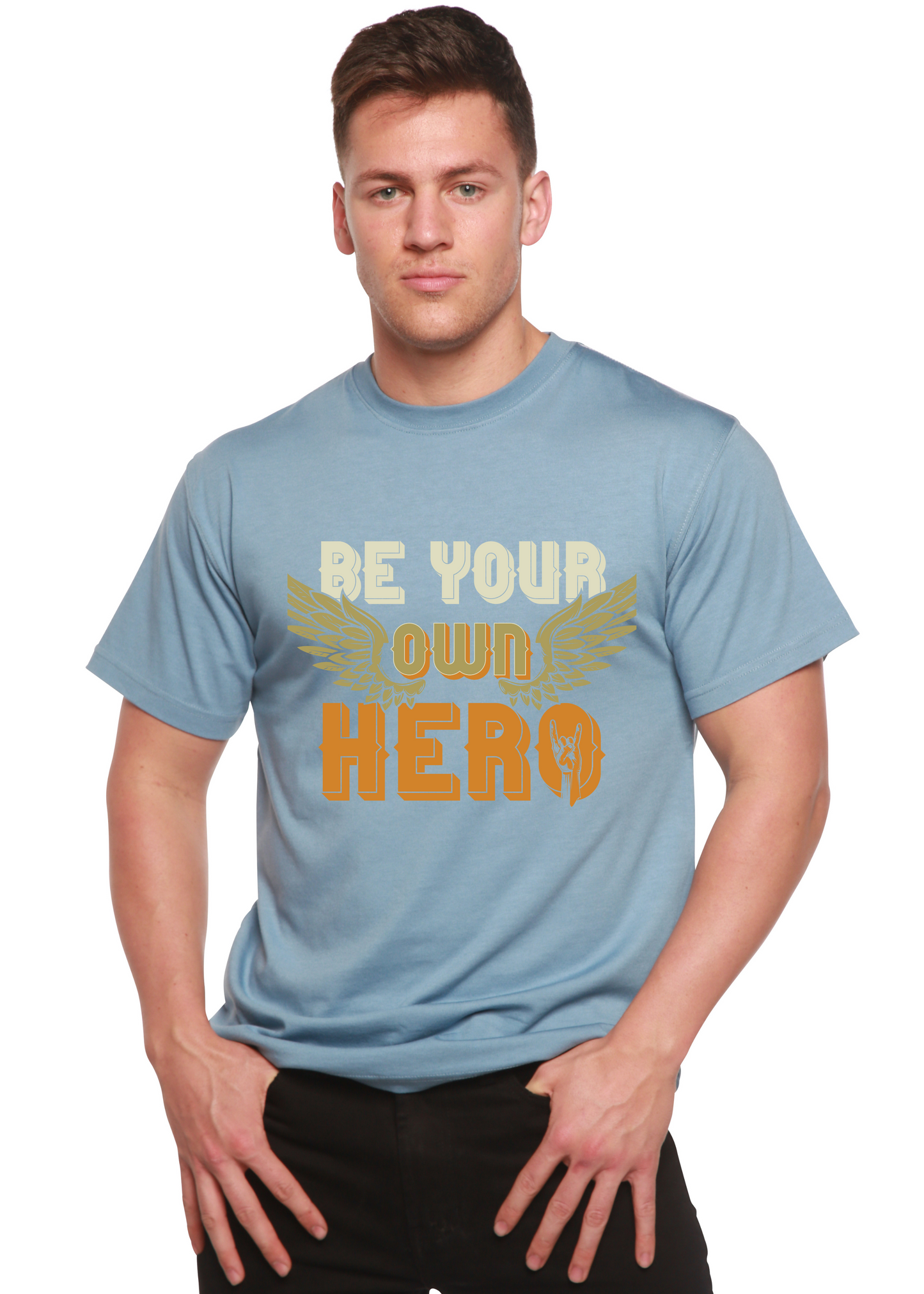 Be Your Own Hero men's bamboo viscose/organic cotton short sleeve tee in light blue with cream/orange text and gold wings on Tampa Home & Garden Store
