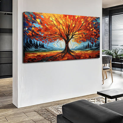 Autumn Fire canvas wall art Tailored Canvases with orange leaves on blue background on Tampa Home & Garden Store