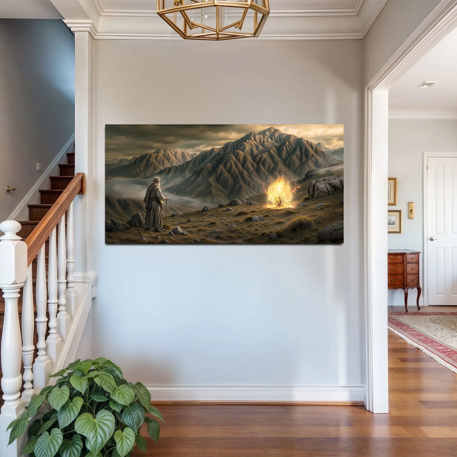 Burning Bush Faith Wall Art canvas by Tailored Canvases pilgrim near glowing bush amid hills on Tampa Home & Garden Store