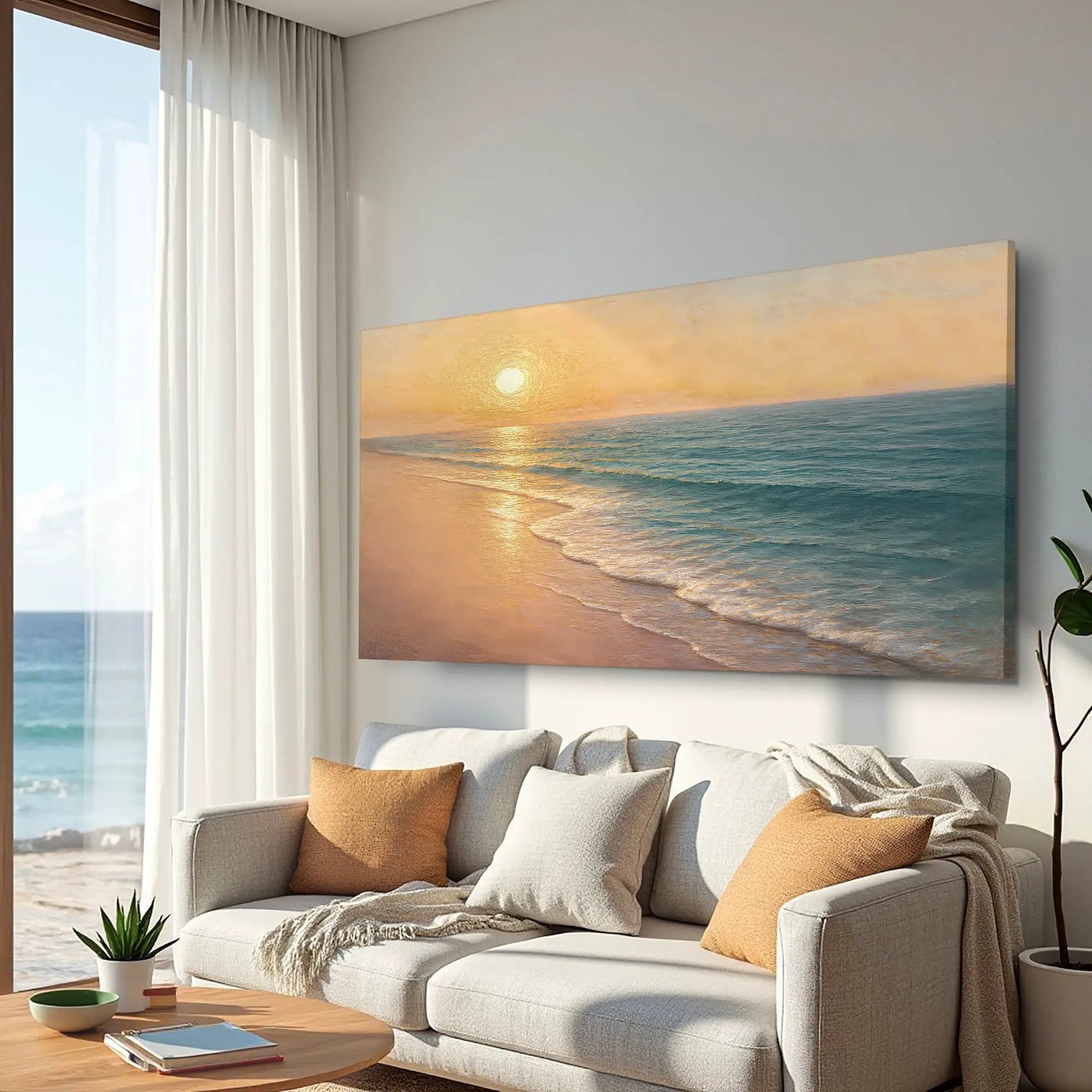 Beach Shoreline Coastal Wall Art IV canvas by Tailored Canvases, sunset seascape above sofa on Tampa Home & Garden Store