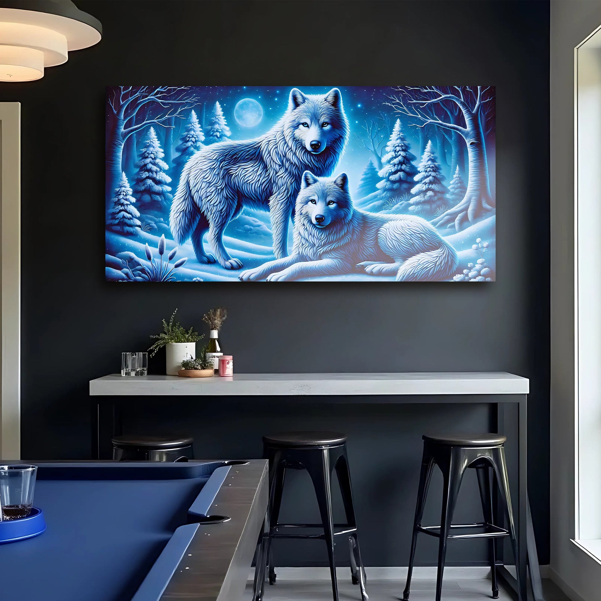 3D Wolves Wall Art II canvas by Tailored Canvases featuring blue winter forest wolves on Tampa Home & Garden Store