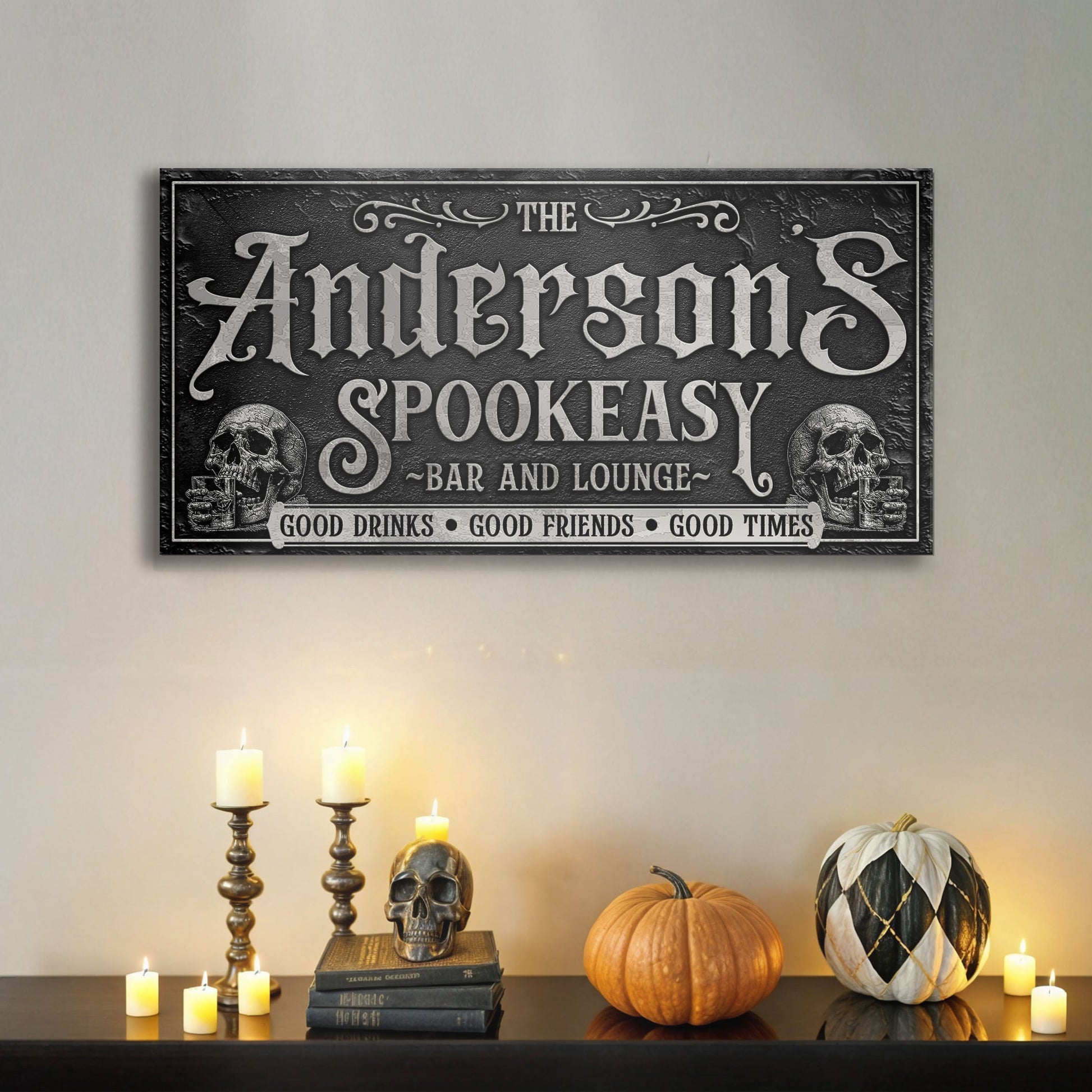 Personalized Spookeasy Bar Sign II canvas by Tailored Canvases with gothic text and skulls on Tampa Home & Garden Store
