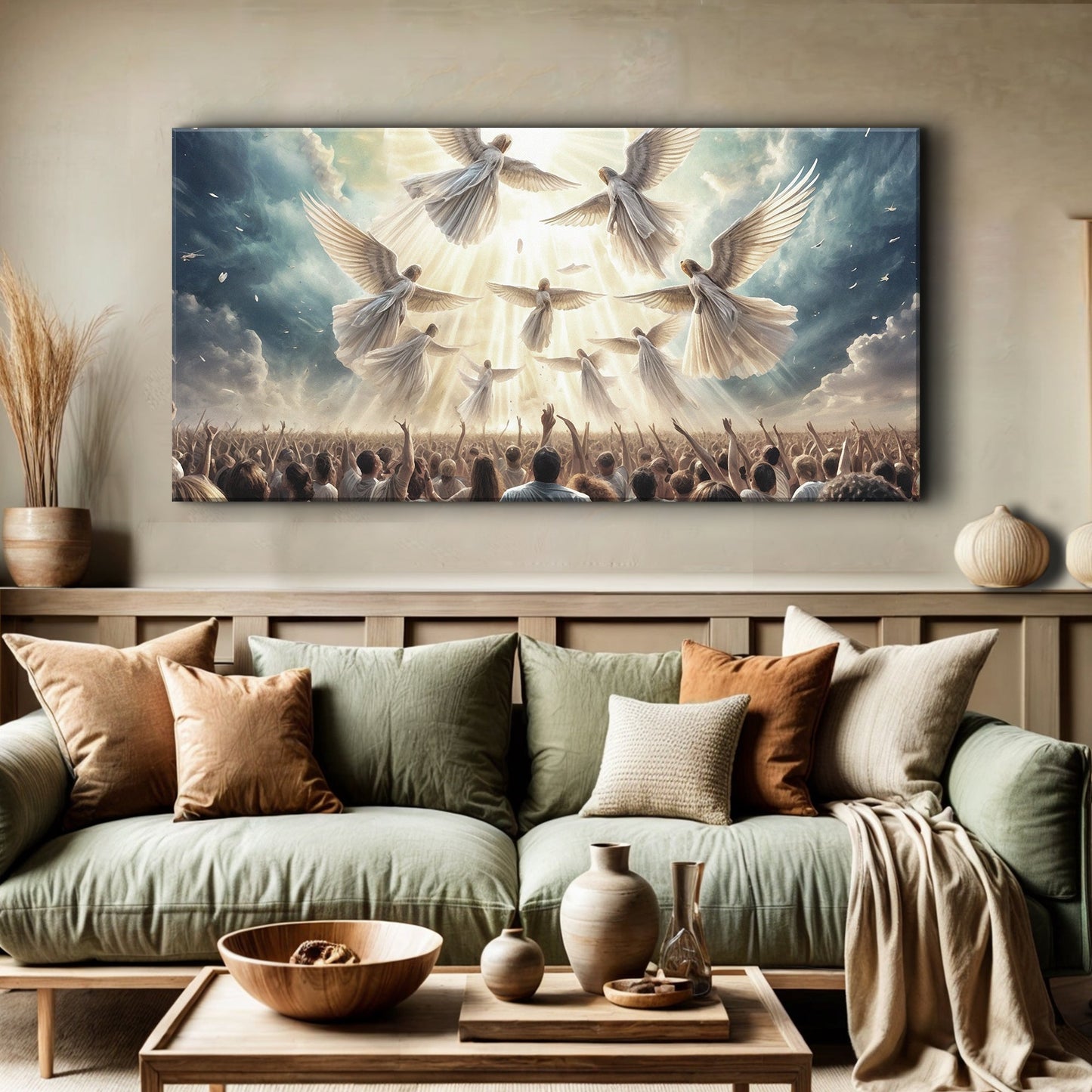 Praise Faith Wall Art canvas with angels in golden light above a cheering crowd on Tampa Home & Garden Store