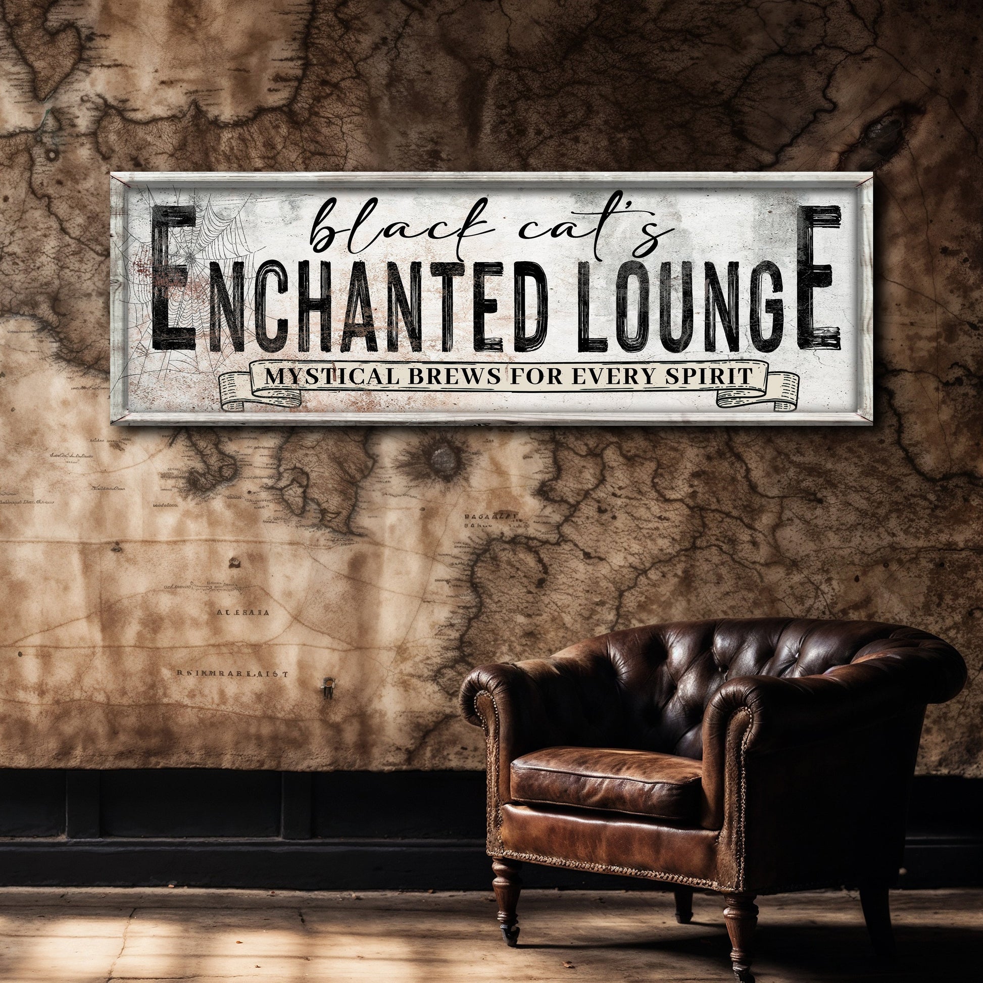 Canvas sign by Tailored Canvases featuring Black Cat's Enchanted Lounge on rustic frame on Tampa Home & Garden Store
