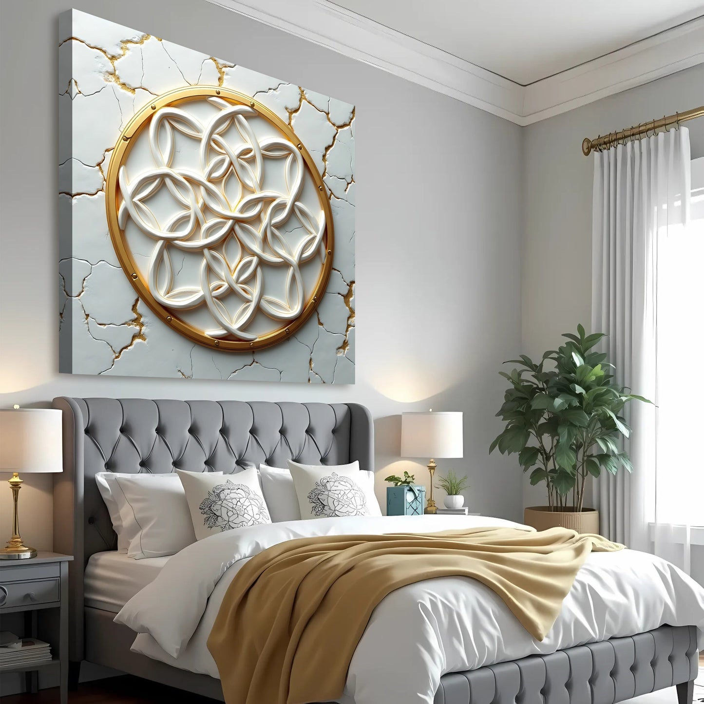 Flower Of Life Wall Art canvas by Tailored Canvases with a gold motif on cracked background on Tampa Home & Garden Store