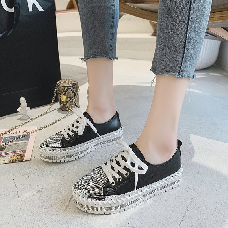 Stevvex black canvas sneakers with rhinestone toe and white laces, chunky platform sole, 1 pair on Tampa Home & Garden Store