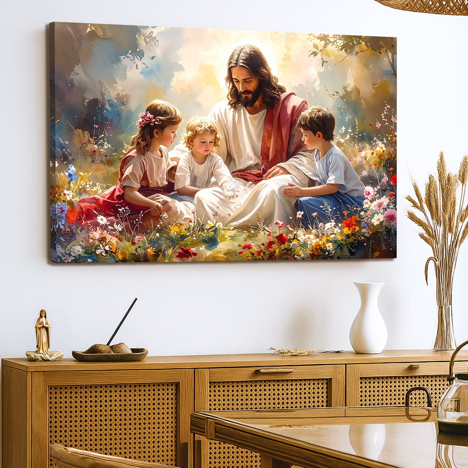 Jesus With Children Faith Wall Art II canvas by Tailored Canvases, warm floral scene on Tampa Home & Garden Store