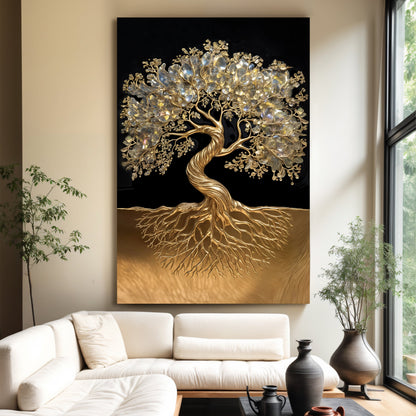 3D Minimalist Tree of Life canvas by Tailored Canvases with crystal leaves on black on Tampa Home & Garden Store