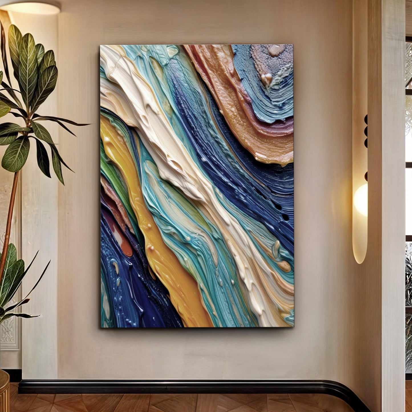 Ocean Waves Wall Art canvas by Tailored Canvases in vibrant blue teal cream and gold swirls on Tampa Home & Garden Store