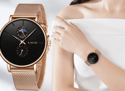 Stevvex women's elegant waterproof watch with rose-gold mesh bracelet and black dial on Tampa Home & Garden Store