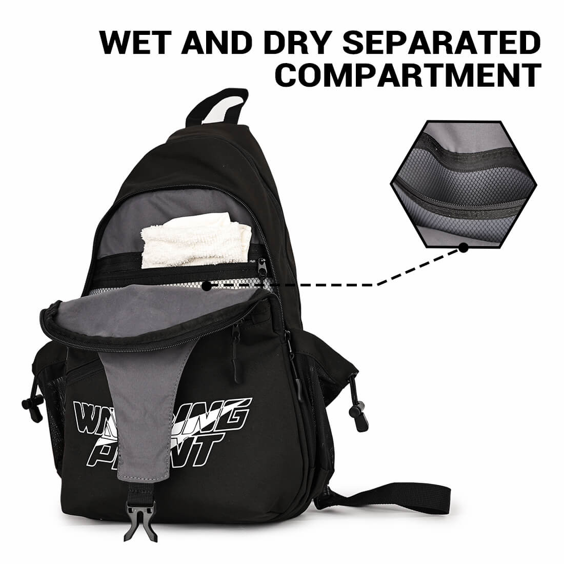 Warping Point Pickleball Sling Bag in black with gray interior and wet/dry separated compartment on Tampa Home & Garden Store