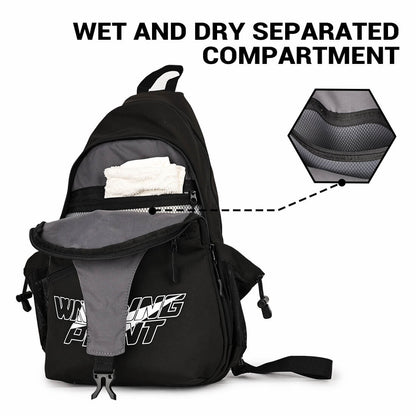 Warping Point Pickleball Sling Bag in black with gray interior and wet/dry separated compartment on Tampa Home & Garden Store