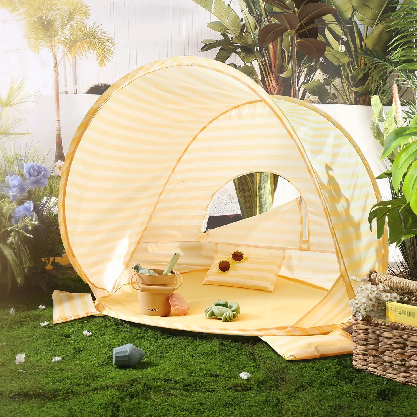 Tiny Land beach tent set, yellow striped pop-up tent with entry, includes bucket and shovel on Tampa Home & Garden Store