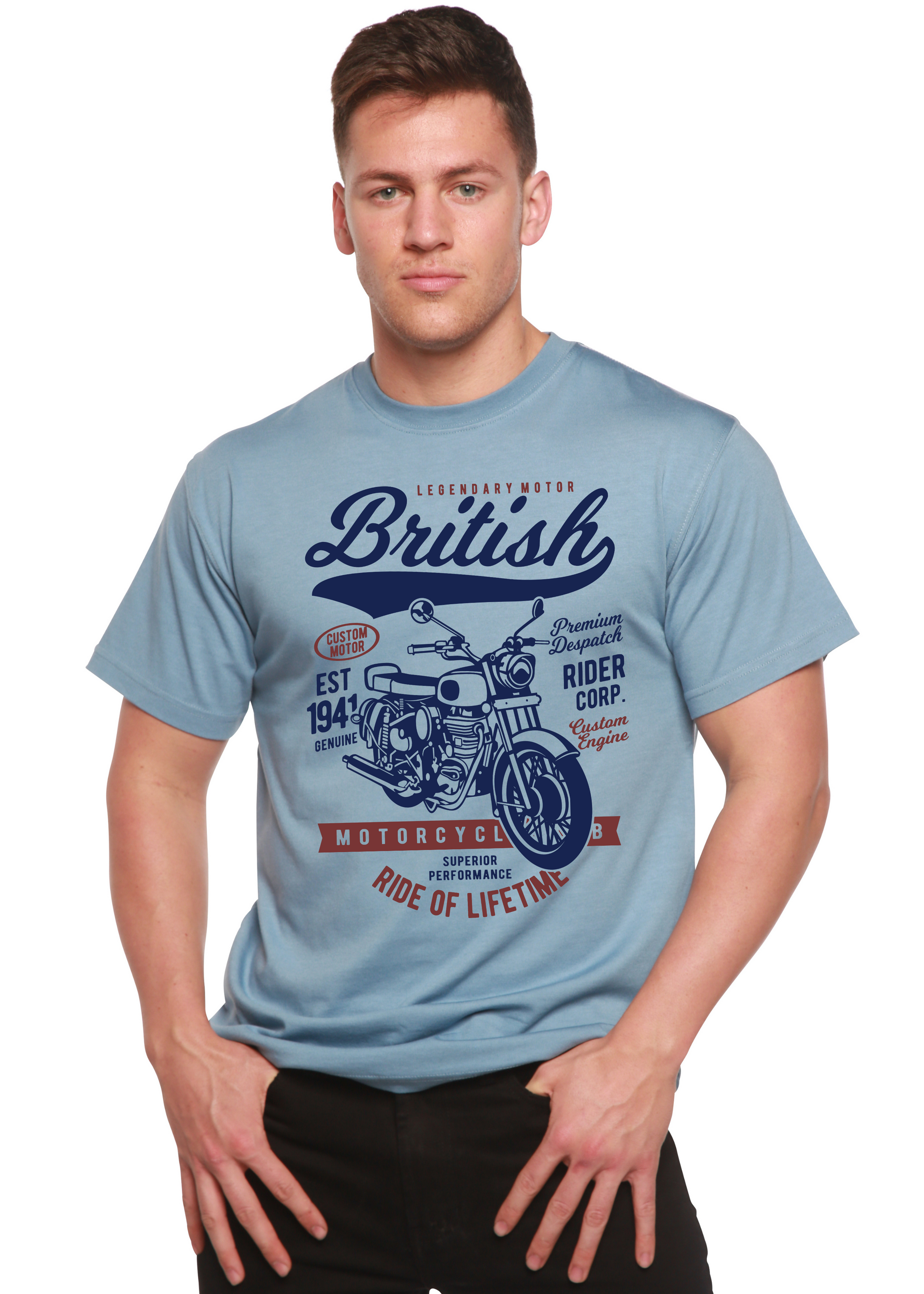 British Motorcycle men's bamboo viscose/organic cotton tee light blue by Spun Bamboo on Tampa Home & Garden Store