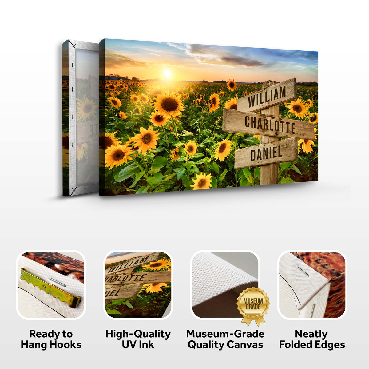 Canvas Sunflower Field Family Names Sign by Tailored Canvases with wooden name boards on Tampa Home & Garden Store