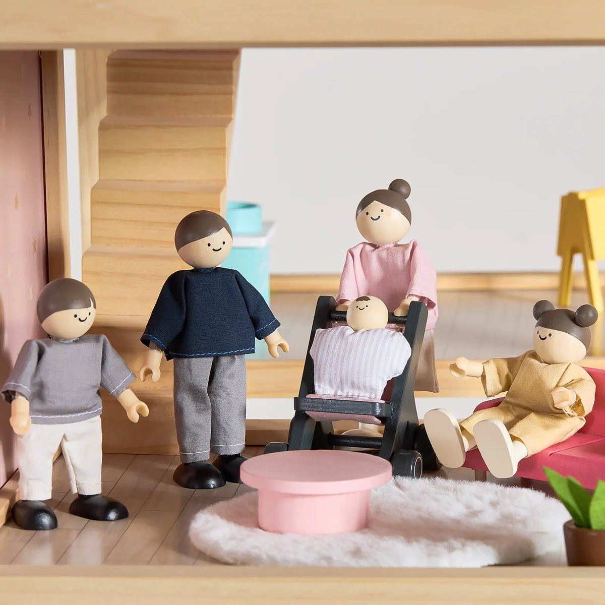 Tiny Land INC Sweetwood Love Dollhouse dolls in a wooden dollhouse scene with 5 figures on Tampa Home & Garden Store