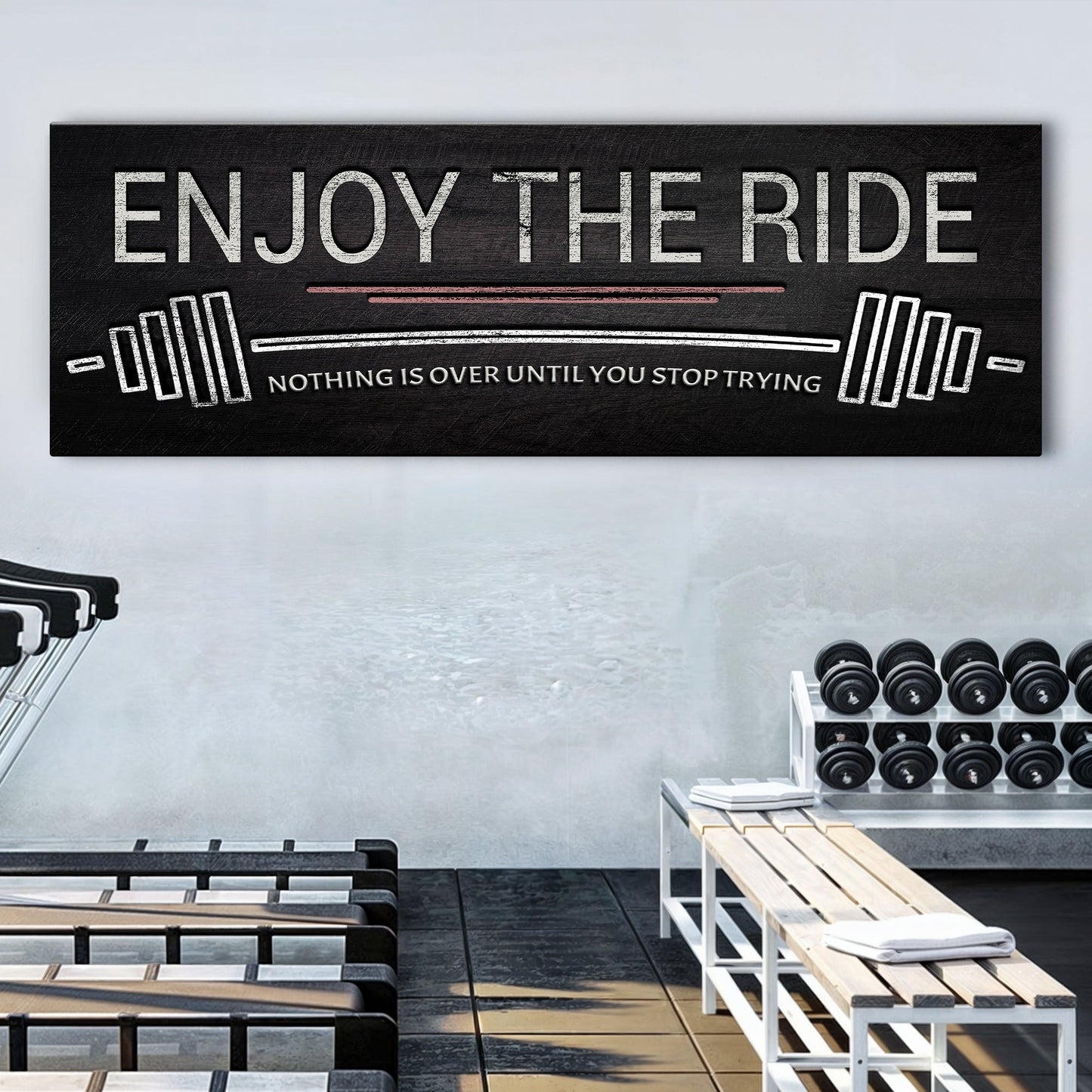 Canvas sign Enjoy The Ride gym motif with white text and weight plate graphics on black backdrop on Tampa Home & Garden Store