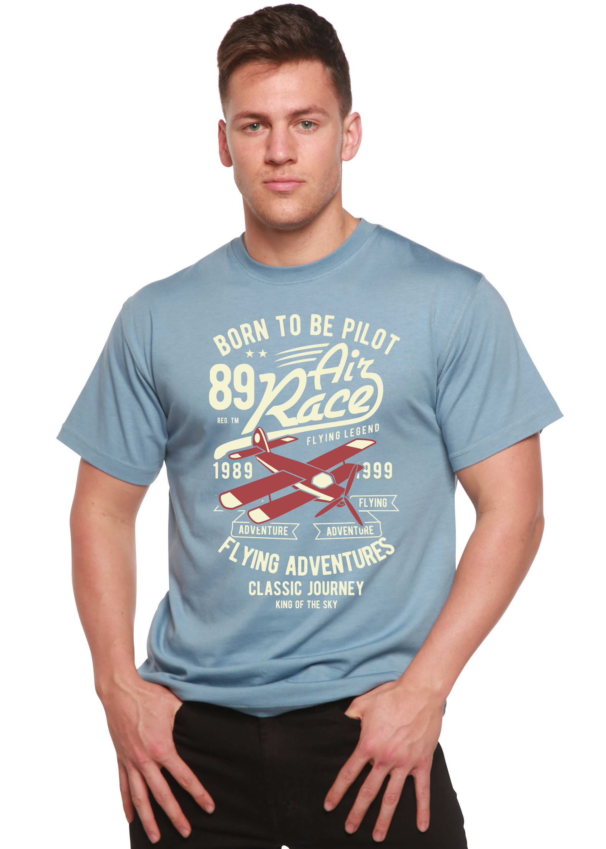 Born To Be Pilot men's graphic T-shirt by Spun Bamboo in light blue with airplane print on Tampa Home & Garden Store