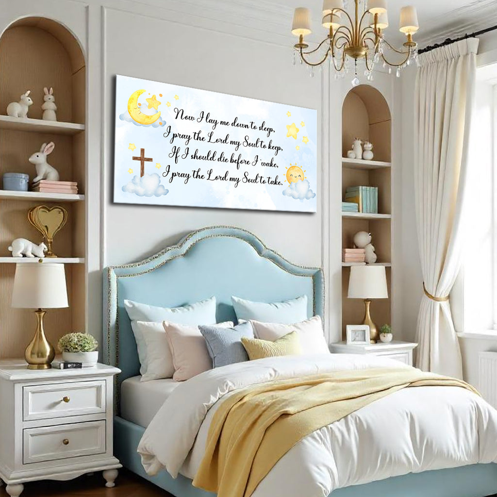 I Lay Me Down To Sleep Faith Sign II canvas decor above a blue headboard in a white bedroom on Tampa Home & Garden Store