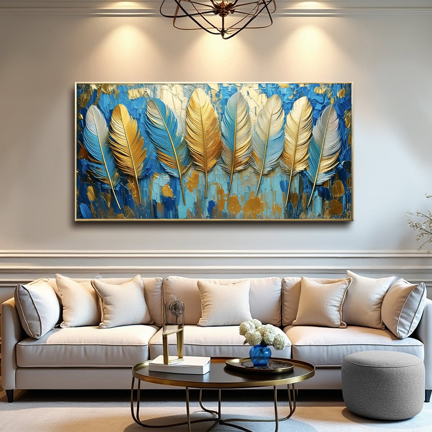 Confetti Sky Wall Art canvas by Tailored Canvases, framed blue and gold feather design on Tampa Home & Garden Store