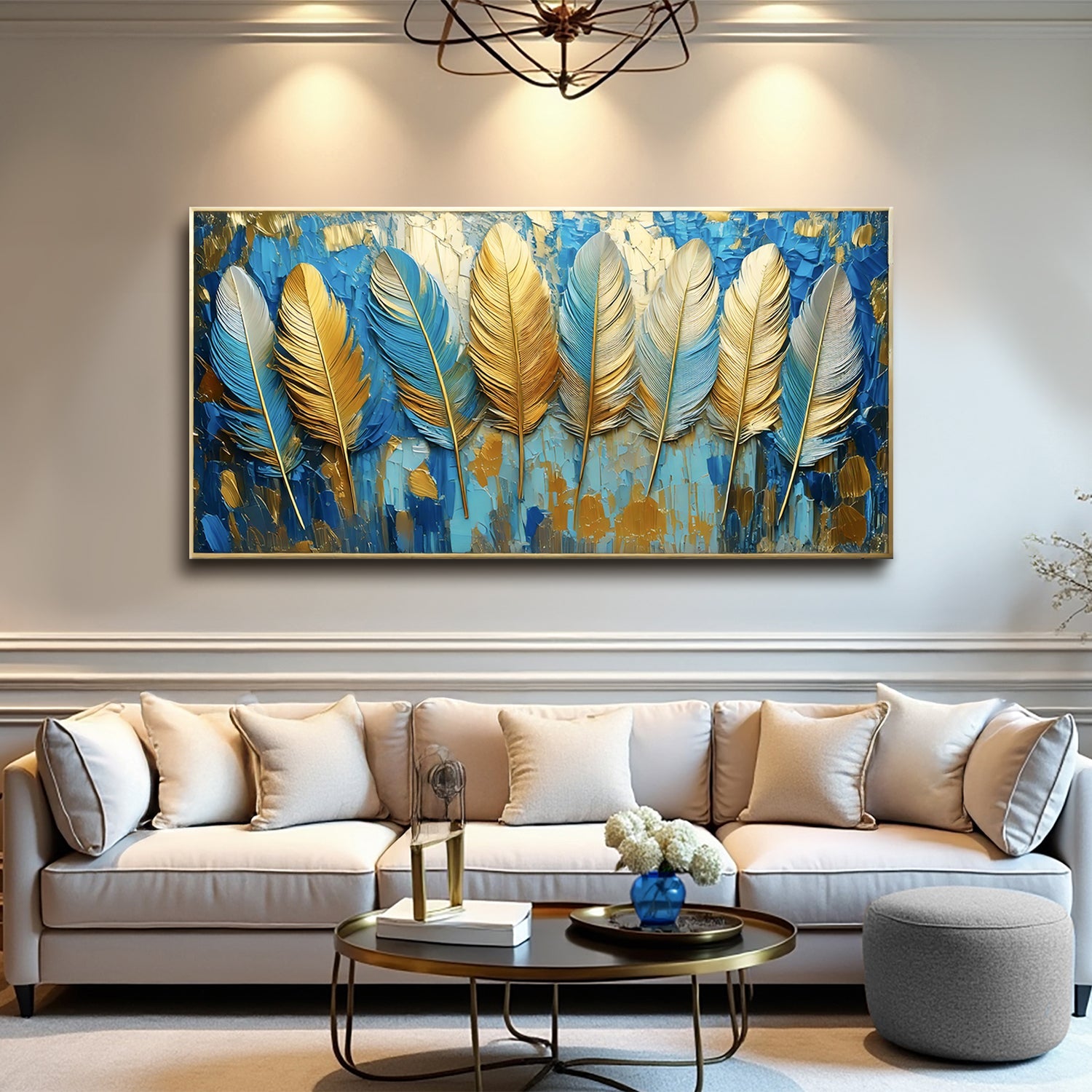 Confetti Sky Wall Art canvas by Tailored Canvases, framed blue and gold feather design on Tampa Home & Garden Store