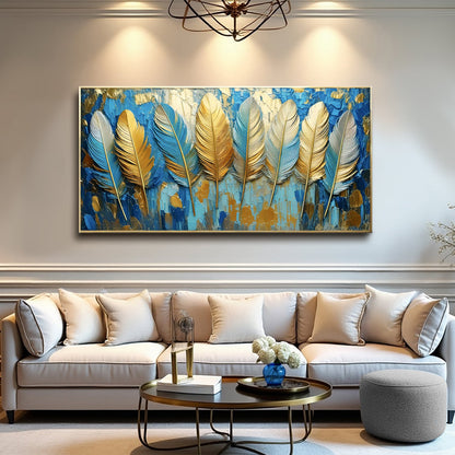 Confetti Sky Wall Art canvas by Tailored Canvases, framed blue and gold feather design on Tampa Home & Garden Store