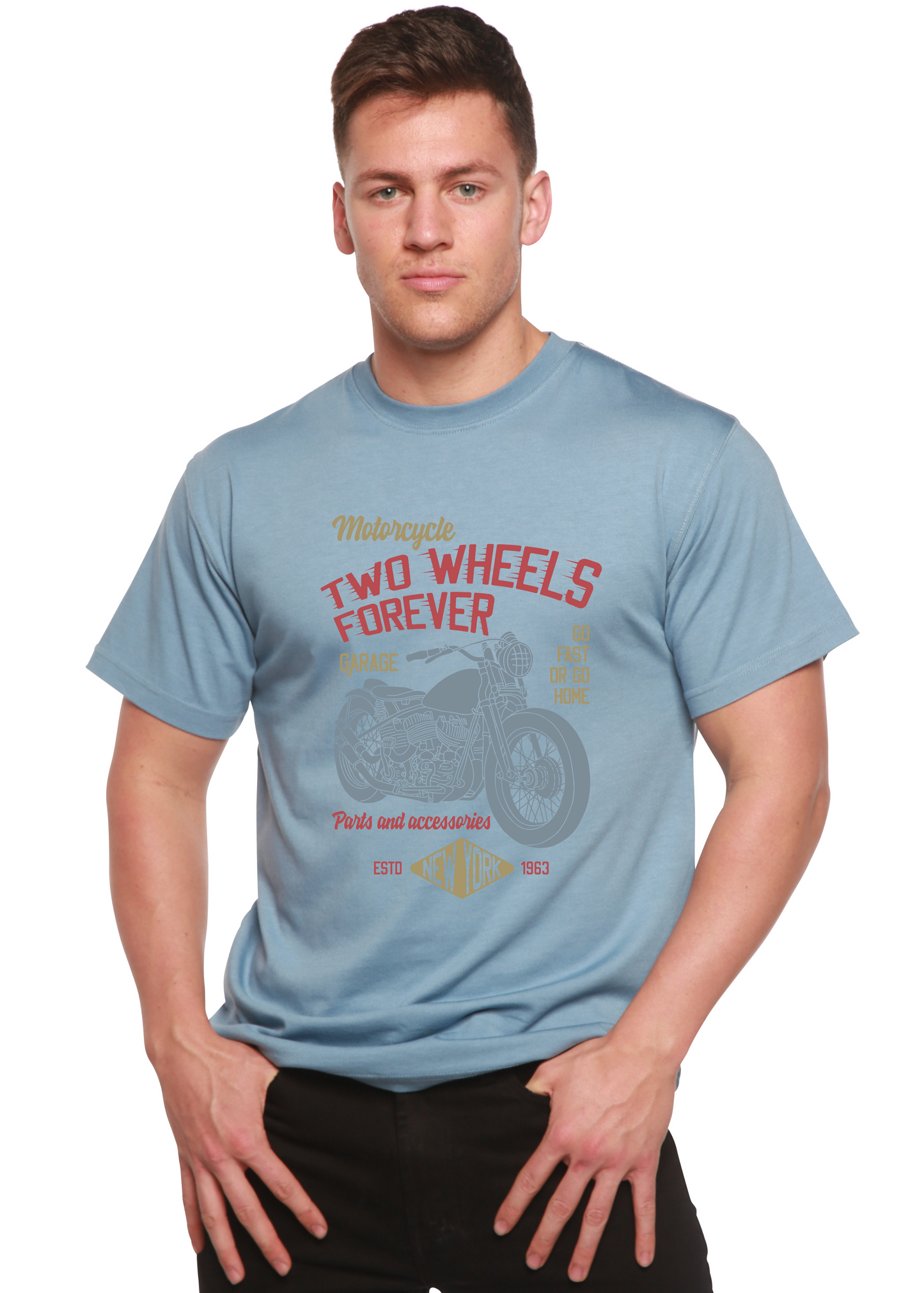 Two Wheels Forever men's bamboo viscose organic cotton graphic tee with motorcycle print on Tampa Home & Garden Store
