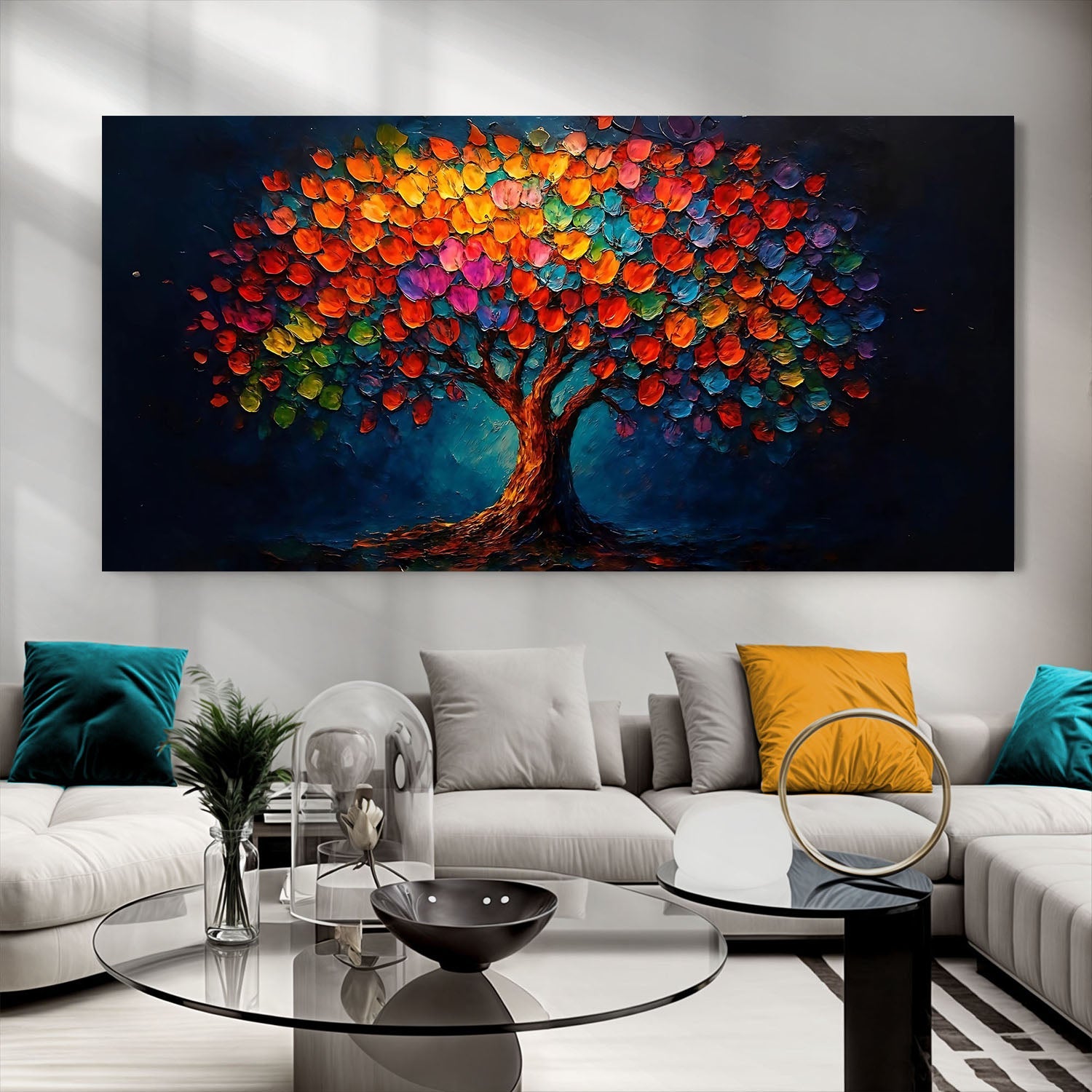 Rainbow Bloom Wall Art canvas by Tailored Canvases, colorful tree on blue background on Tampa Home & Garden Store