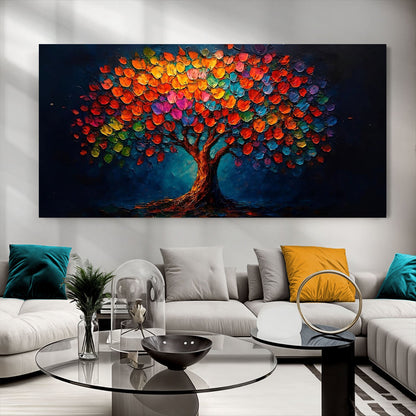 Rainbow Bloom Wall Art canvas by Tailored Canvases, colorful tree on blue background on Tampa Home & Garden Store
