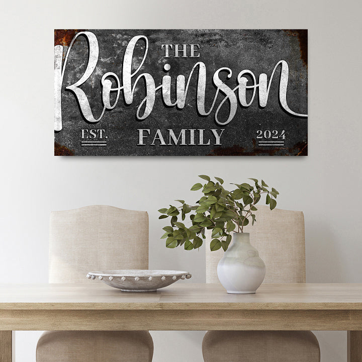 Personalized Family Sign canvas wall art featuring The Robinson Family with rustic finish on Tampa Home & Garden Store