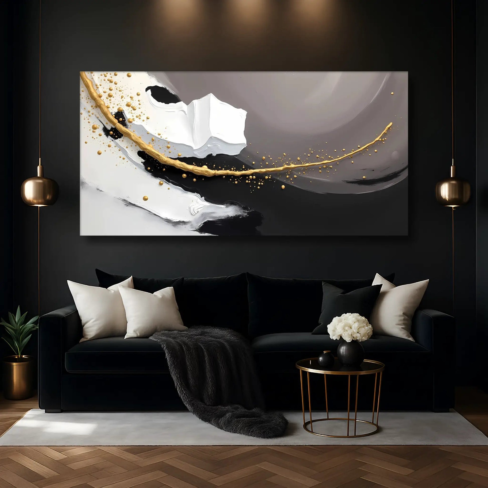 Wave Abstract Wall Art canvas by Tailored Canvases; grayscale with gold accents on Tampa Home & Garden Store