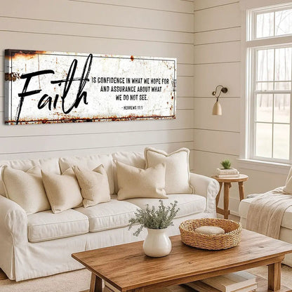 Faith Is Confidence Hebrews 11:1 Faith Sign III canvas wall art with script on backdrop on Tampa Home & Garden Store