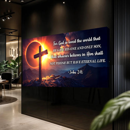John 3:16 Faith Sign III canvas by Tailored Canvases with cross and sunrise over mountains on Tampa Home & Garden Store
