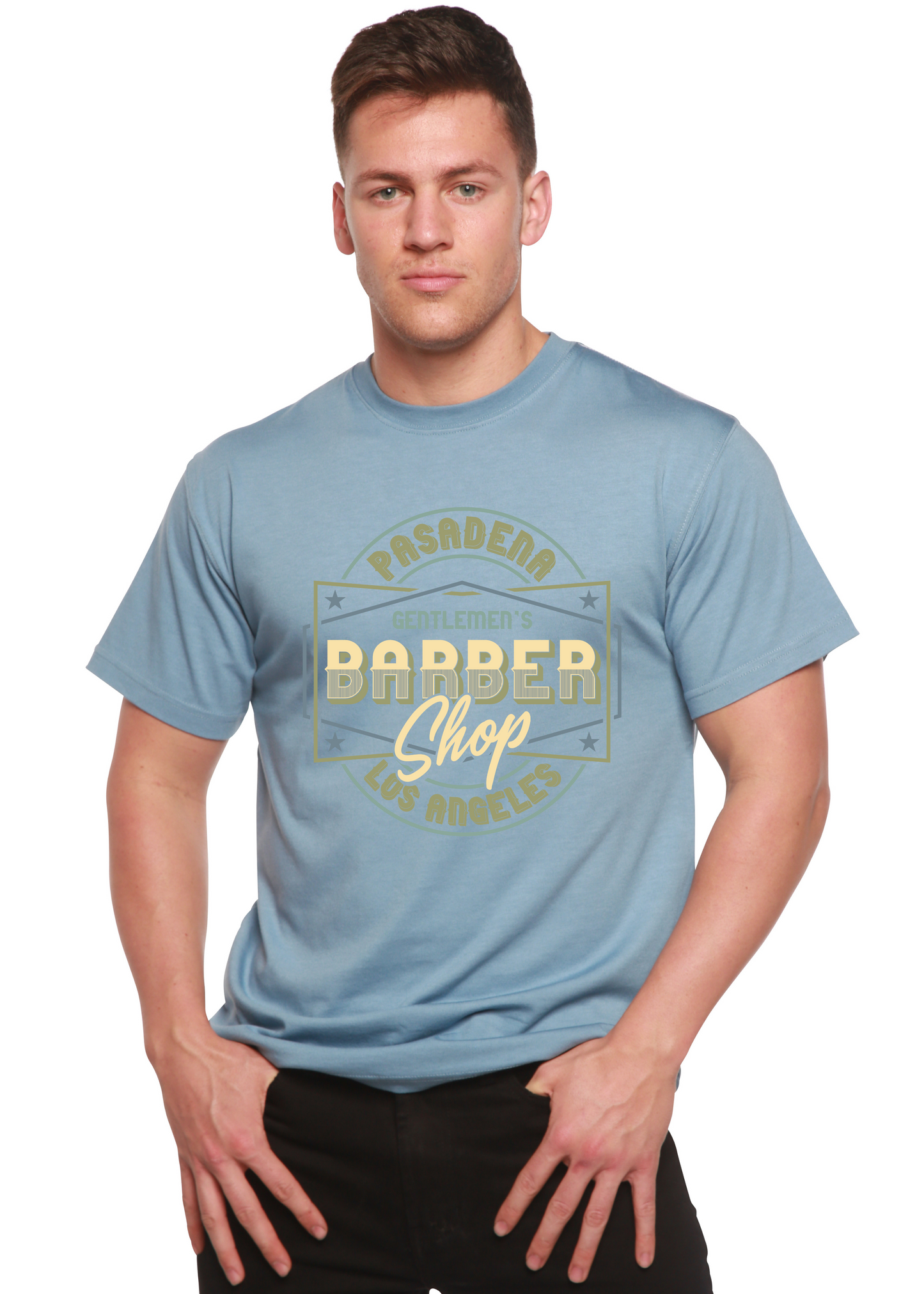 Gentlemen's Barber Shop tee in light blue bamboo viscose/organic cotton blend by Spun Bamboo on Tampa Home & Garden Store