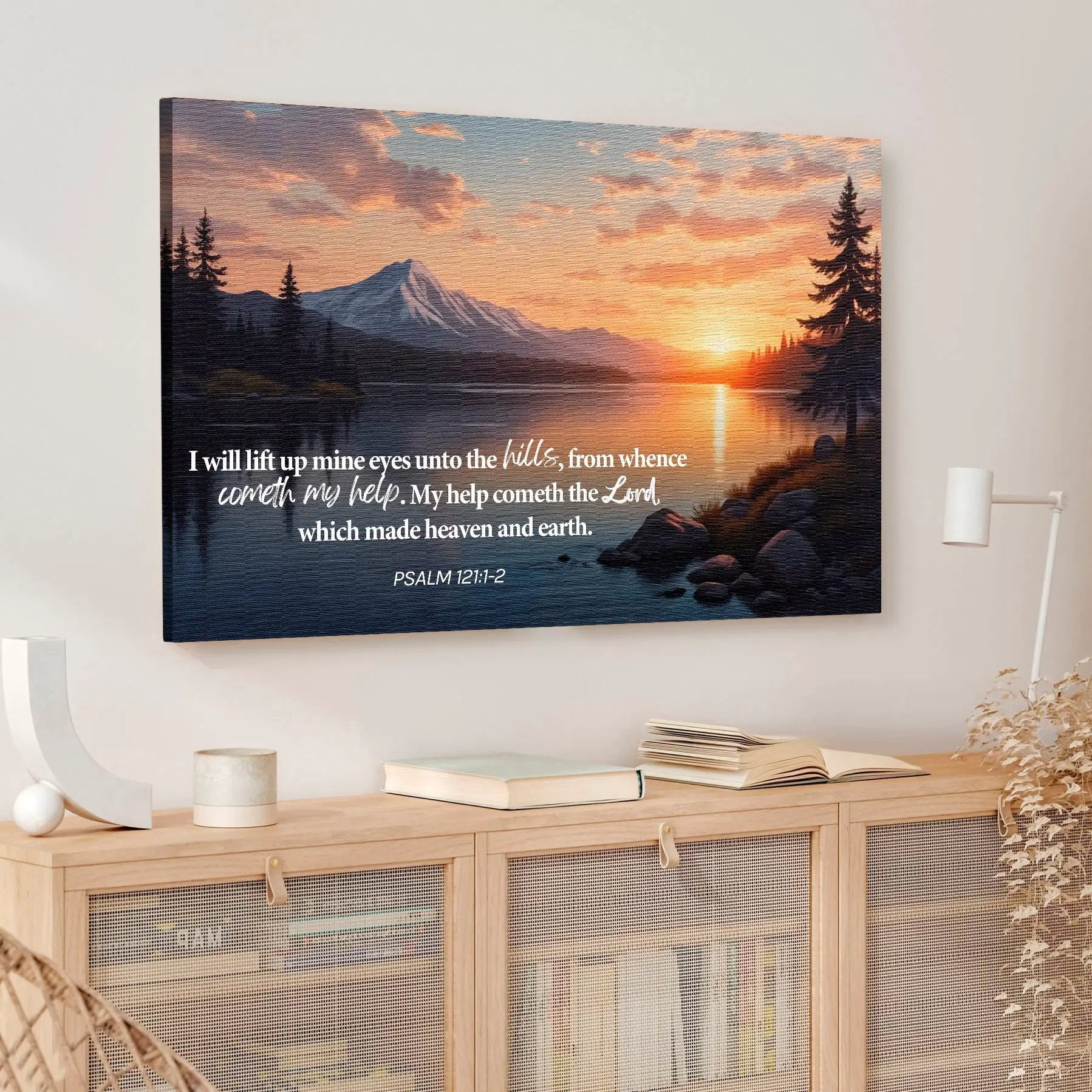 Psalm 121:1-2 A Song Of Ascents Faith Wall Sign canvas sunset lake with pines on Tampa Home & Garden Store