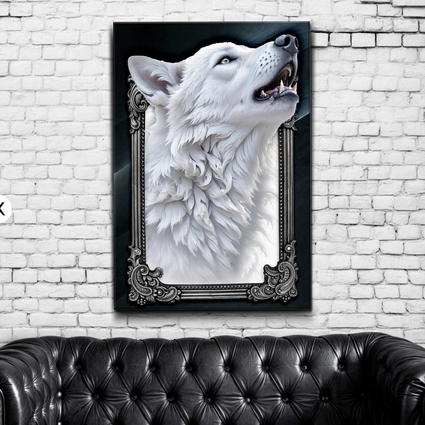 3D Wolf Wall Art III canvas by Tailored Canvases, white wolf portrait with ornate frame on Tampa Home & Garden Store