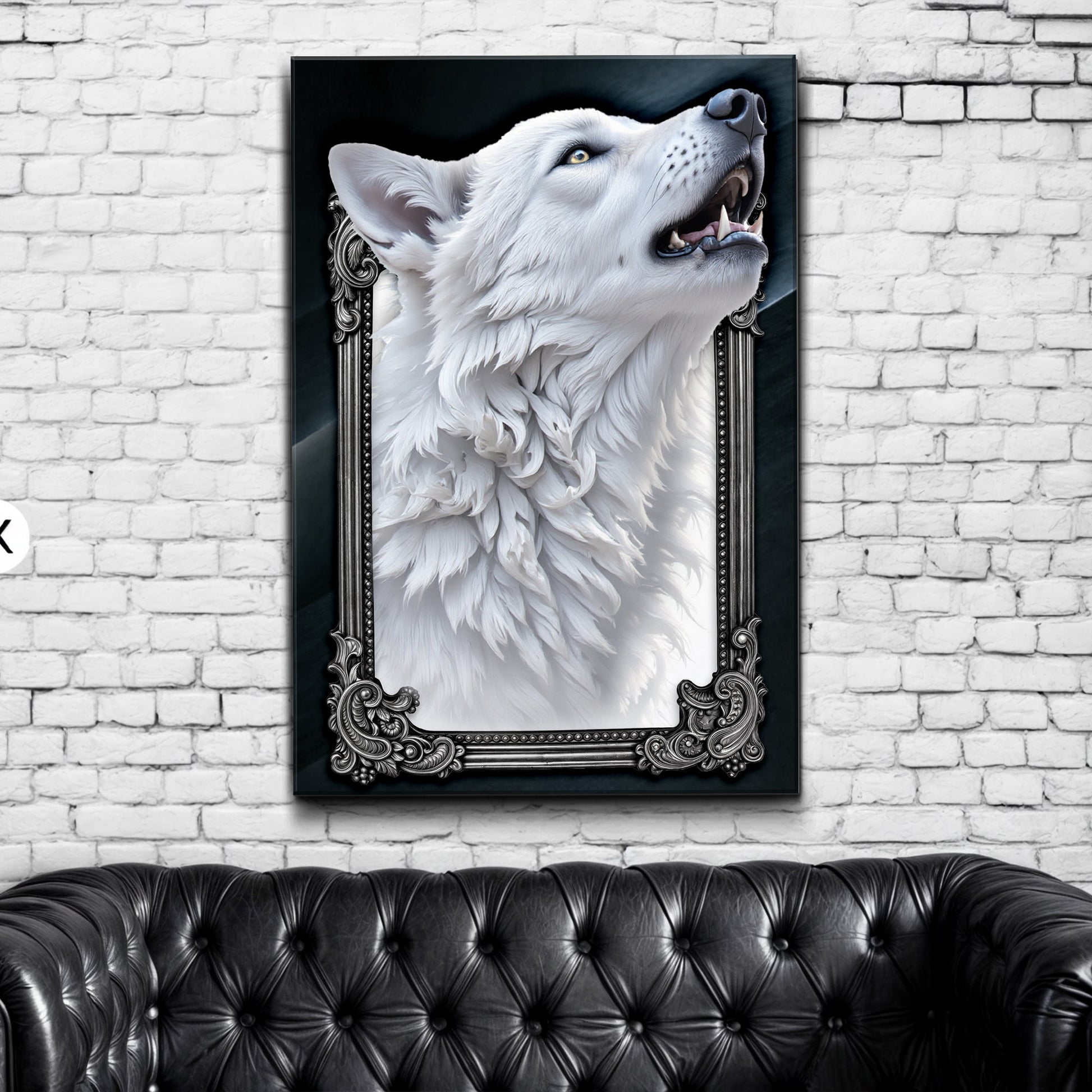 3D Wolf Wall Art III canvas by Tailored Canvases, white wolf portrait with ornate frame on Tampa Home & Garden Store