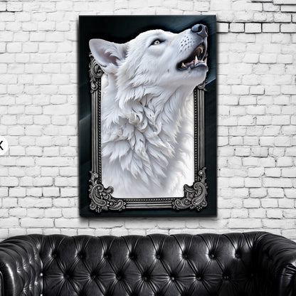 3D Wolf Wall Art III canvas by Tailored Canvases, white wolf portrait with ornate frame on Tampa Home & Garden Store