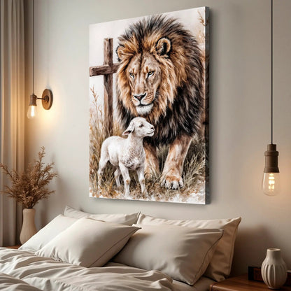 Lion And Sheep Faith Wall Art II canvas shows lion and lamb with a wooden cross on Tampa Home & Garden Store