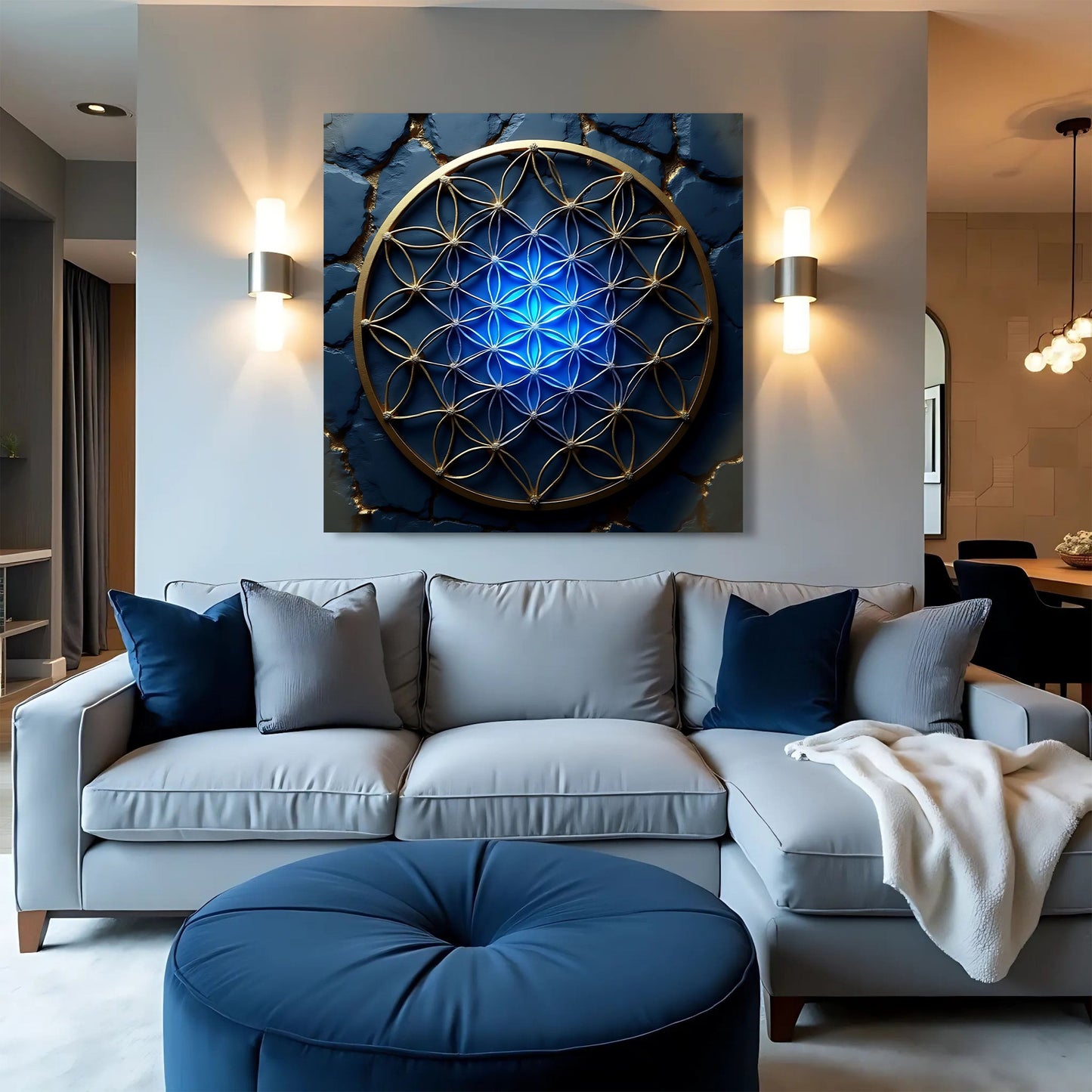 Flower Of Life Wall Art II canvas by Tailored Canvases with blue and gold geometric design on Tampa Home & Garden Store