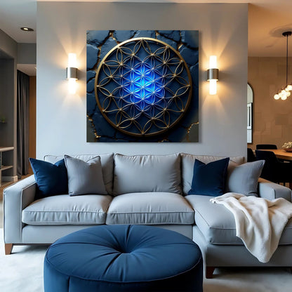 Flower Of Life Wall Art II canvas by Tailored Canvases with blue and gold geometric design on Tampa Home & Garden Store
