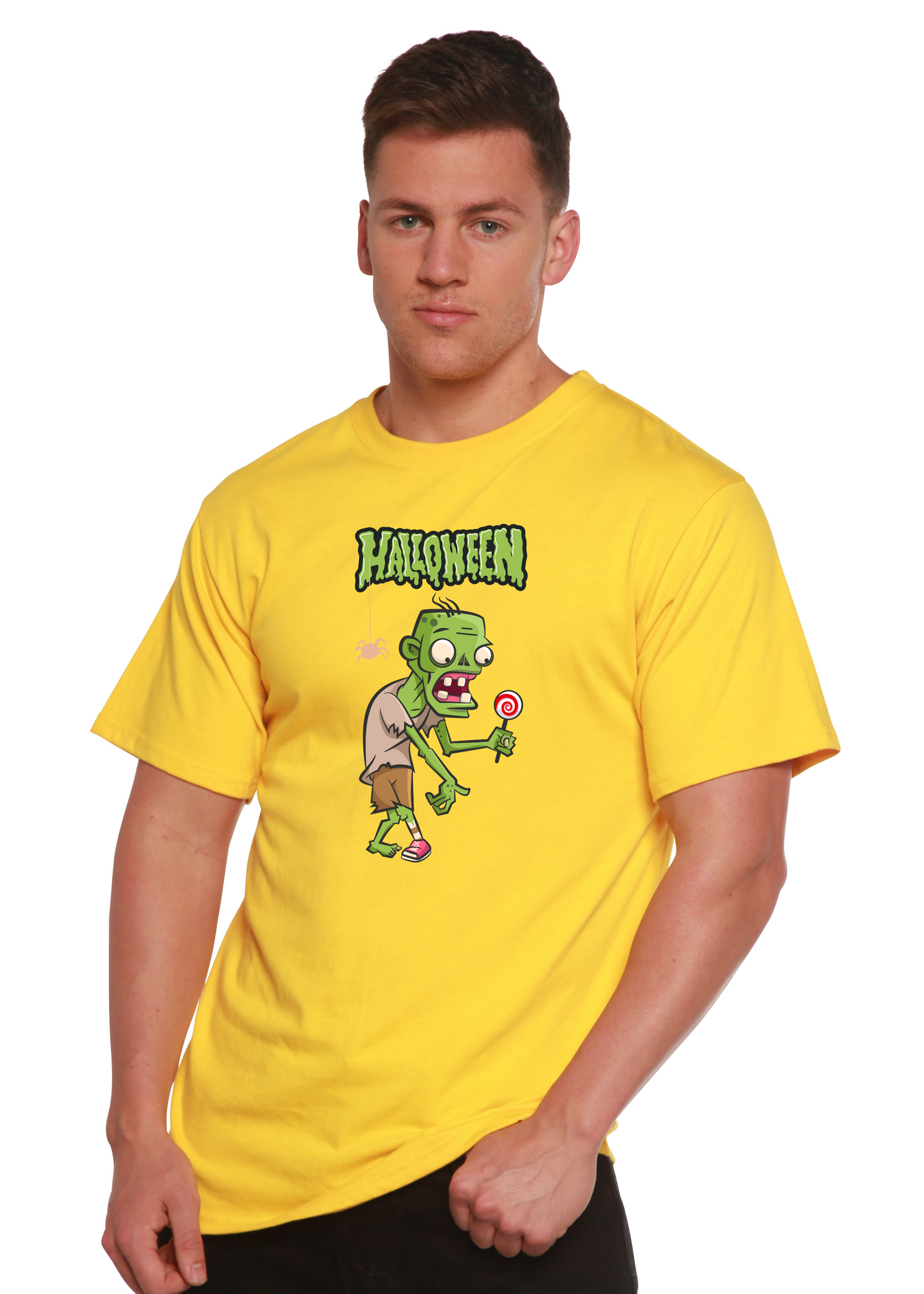 Halloween green monster unisex bamboo viscose yellow tee zombie print on Tampa Home & Garden Store