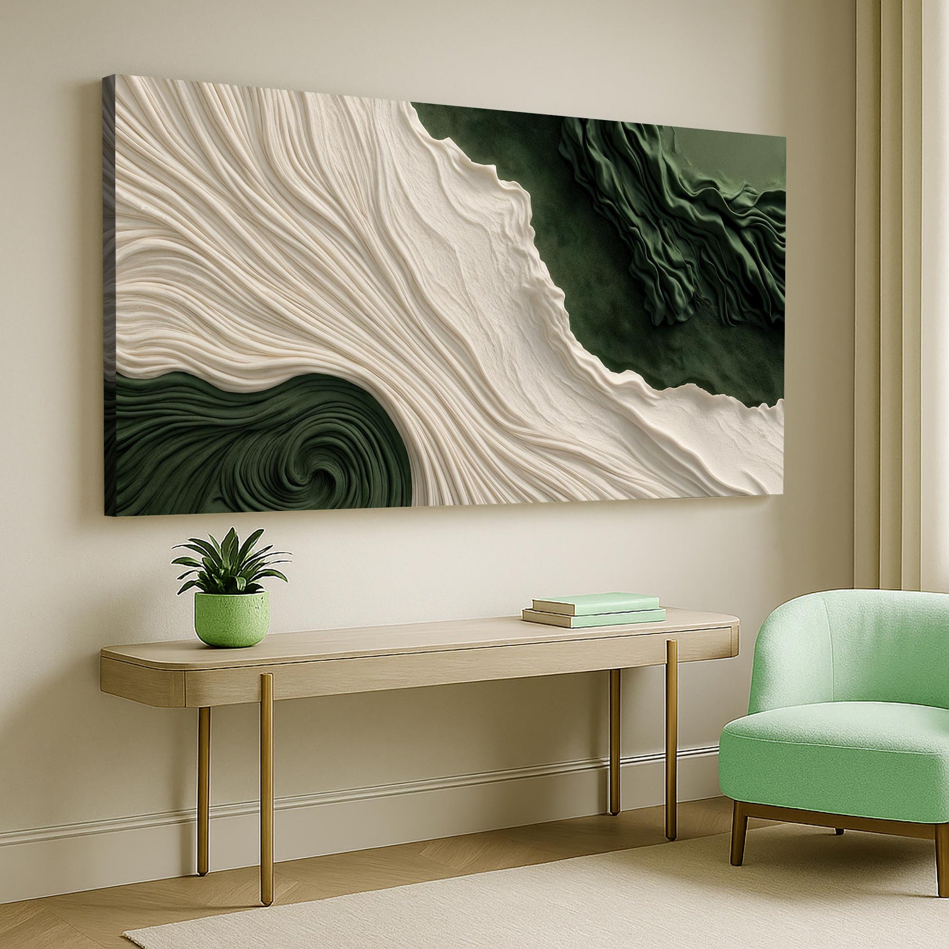 Green Rivers Abstract Wall Art XI canvas by Tailored Canvases, cream and green flowing ridges on Tampa Home & Garden Store