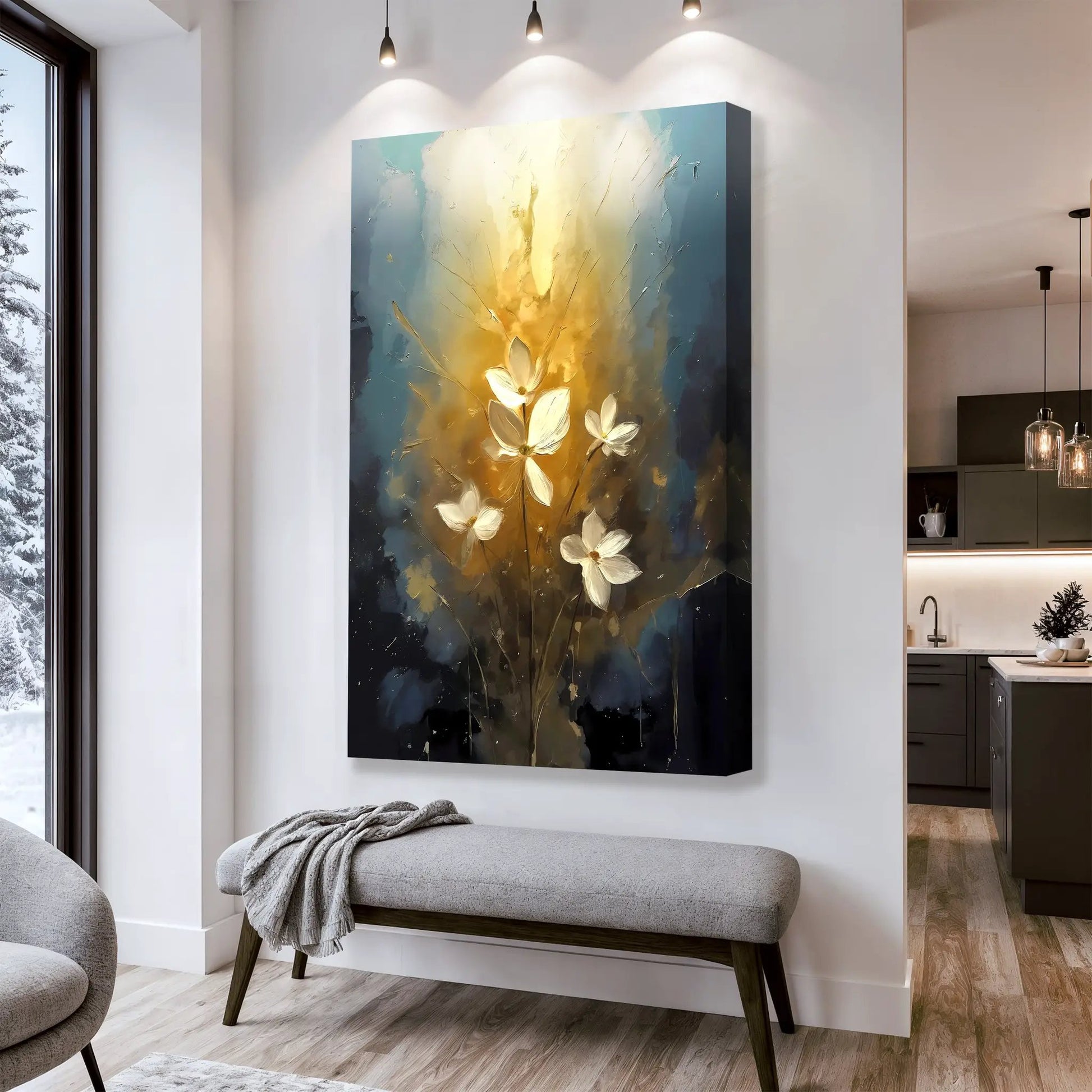 Golden Glow Elegant Flower Wall Art canvas with blossoms on a warm yellow to blue gradient on Tampa Home & Garden Store