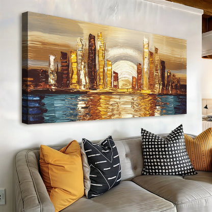 Golden Metropolis Abstract Impasto Wall Art canvas by Tailored Canvases; gold cityscape with thick texture on Tampa Home & Garden Store