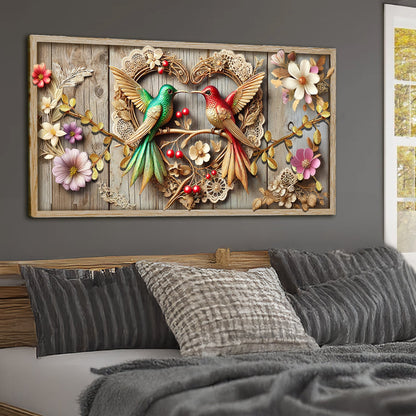 3D Hummingbirds Wall Art VII canvas by Tailored Canvases; two vibrant hummingbirds on a rustic wooden frame on Tampa Home & Garden Store