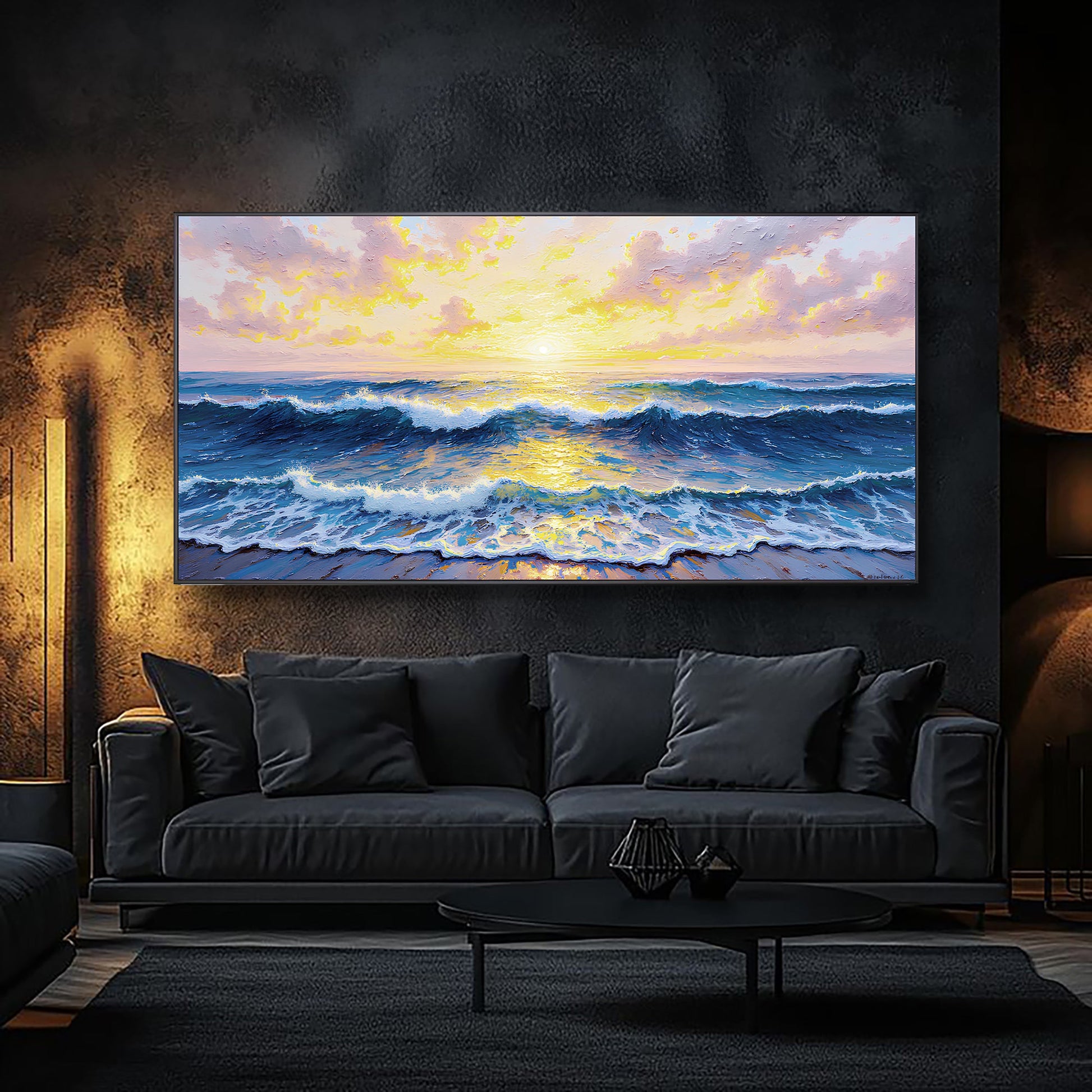 Golden Horizon Wall Art canvas depicting a vivid sunset over the ocean, framed on dark wall on Tampa Home & Garden Store