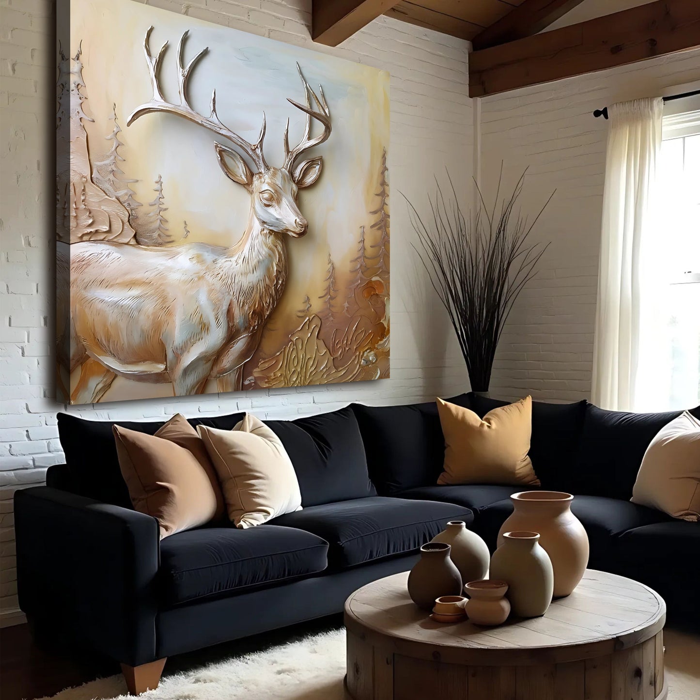 3D Deer Wall Art canvas by Tailored Canvases in beige tones with textured antlers on Tampa Home & Garden Store