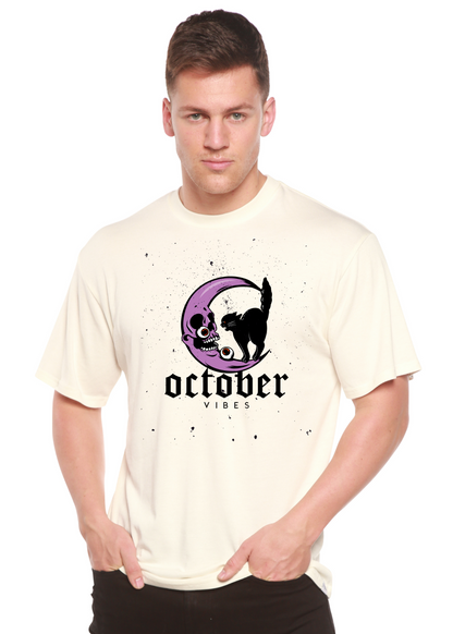Spun Bamboo October Vibes men's bamboo tee with cream color and purple moon black cat print on Tampa Home & Garden Store